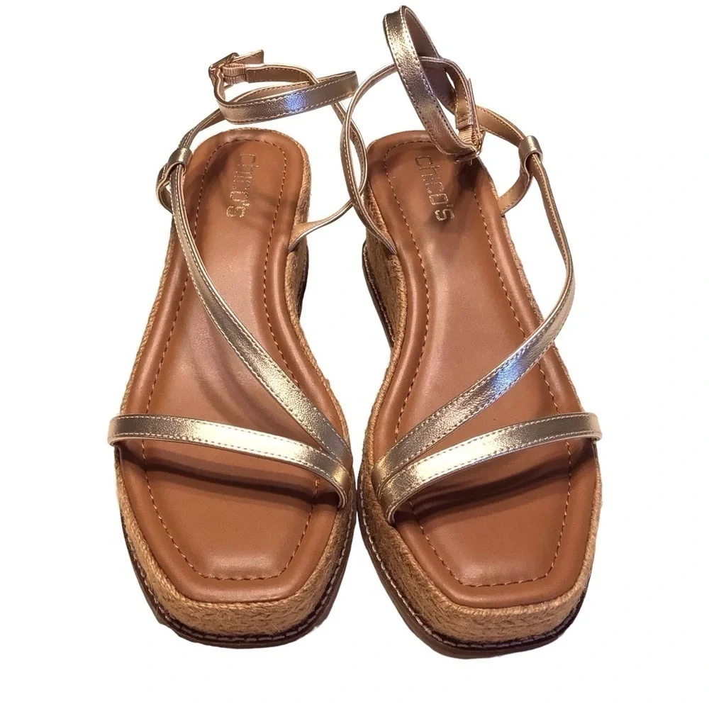 Chicos Shoes Women's Sz 9 Gold Carlina Wedge Espadrille Sandals Leather Boho NEW